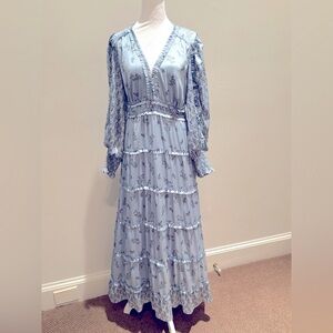 Plisse Satin Ruffle Deep V-Neck Long Smocked Cuff
Sleeve Tiered Maxi Dress